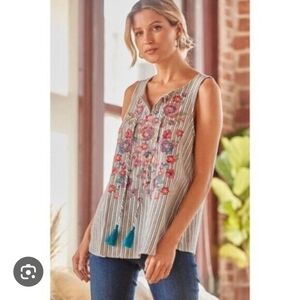 Anthropologie Savanna Jane Linen Blend  Embroidered Sleeveless Top Size Medium
